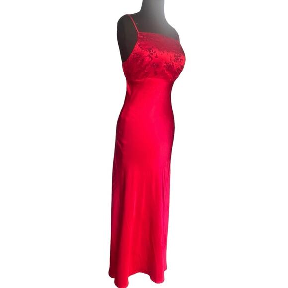 Vtg 90s Red Satin Glitter Square Neck Lace Up Fairy Glam Babydoll Maxi Dress 5/6 - Picture 1 of 7